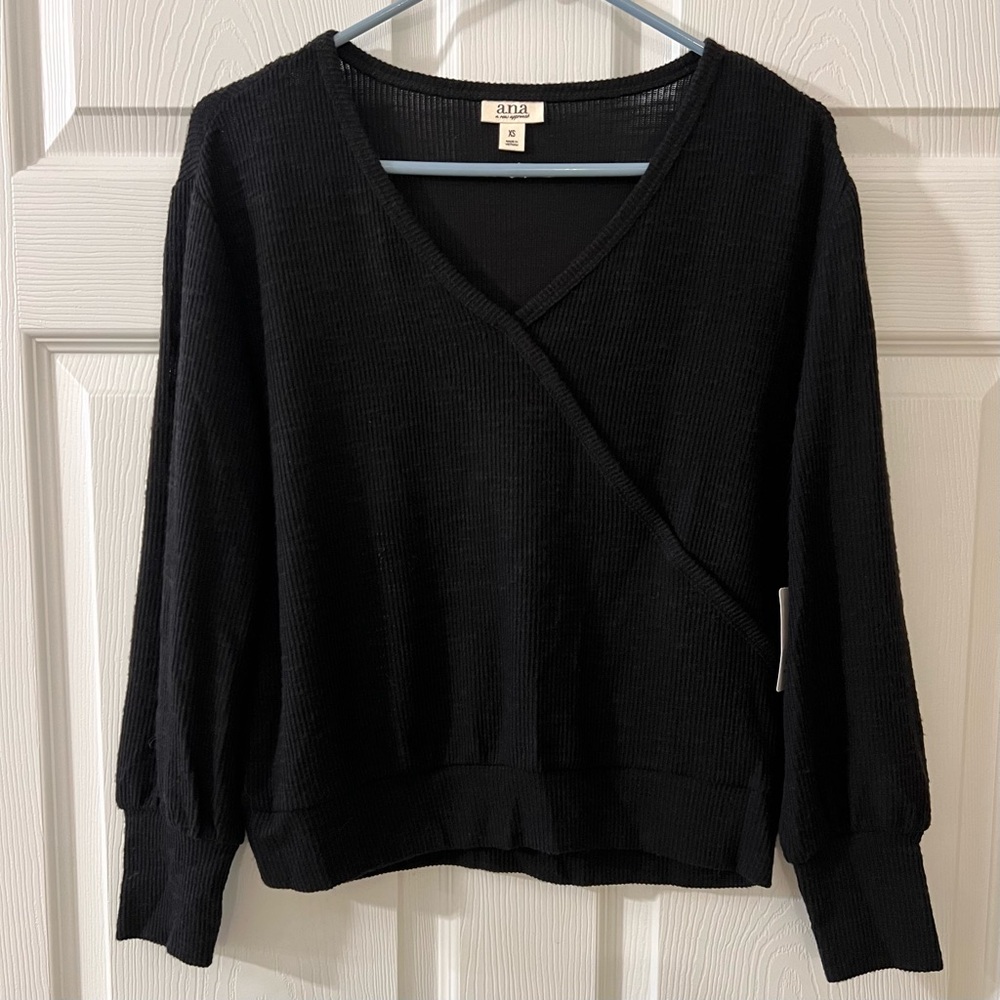 ANA Black Ribbed Wrap Pullover NWT